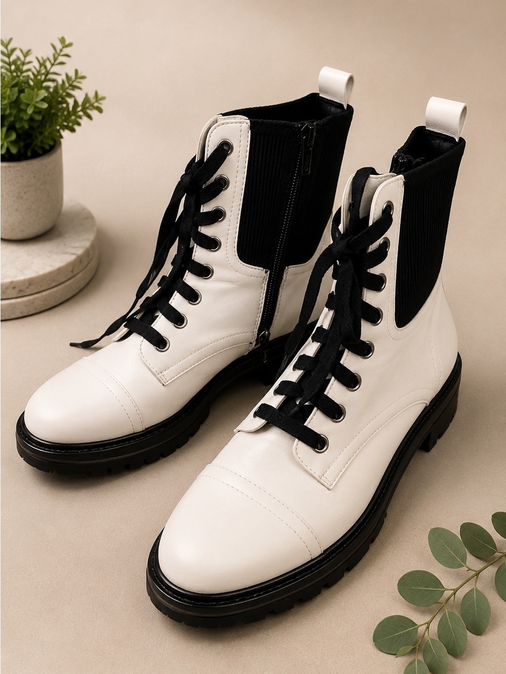 Circus by Sam Edelman White and Black Lace-Up Combat Boots